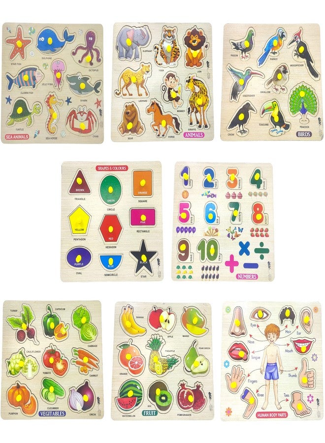 APPSTER Animal, Fruits, Vegetables, Birds, Shape Color, Numbers, Body Parts & Sea Animals Wooden Puzzle Toy for Kids Jigsaw Puzzles for Adults Baby Learning Educational Toys Board Game (Pack of 8) - Image 1